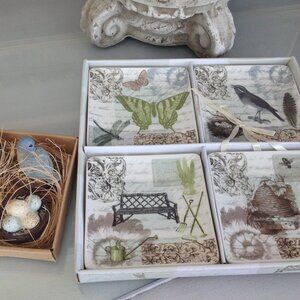 4 Decorative Garden Themed Plates with Mini Nest Candles
